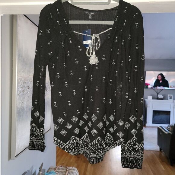 Luck Brand Women's Black Comfort V-neck Teal Paisley Blouse Size Small - Picture 4 of 6